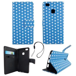Schutz Hülle für Huawei P9 Lite Polka Dot Blau Tasche Cover Book Style Wallet - Afbeelding 1 van 2