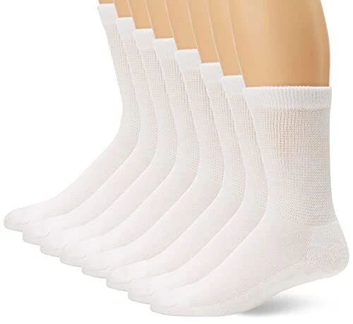 MediPeds 8 Pair Diabetic Crew Socks With Non-binding Top White Shoe Size Men