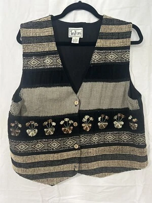 Chaleco Tantrum Vintage Años 90 Marrón Tejido Rayas Floral Adornado Talla L Abuela Foto 1 de 4