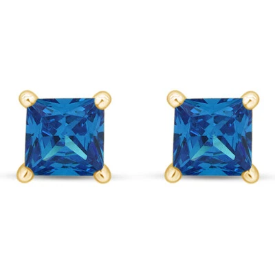 Aretes Solitarios Corte Princesa Topacio Azul Simulado Oro Amarillo 10K Foto 1 de 4
