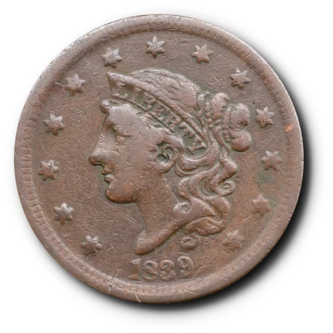 1839 Coronet Head Large Cent  1C Silly Head Cover