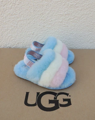Sandalias UGG ORGULLO RAYAS PELUSA SÍ DESLIZAMIENTO PIEL DE OVEJA, NIÑO PEQUEÑO EE. UU. 7/ EUR 23,5 NUEVAS EN CAJA Foto 1 de 4