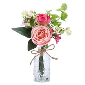Flowers Bouquet in Small Vase - Pink Rose Artificial Fake Centerpiece Potted ... - Picture 1 of 7