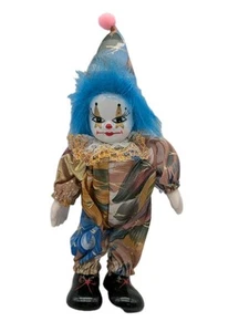 Vtg Porcelain Face & Hands Haunted Clown Doll Multi Color Clothing & Blue Hair  - Picture 1 of 14