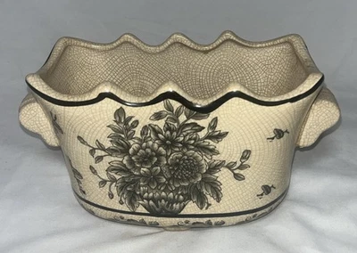 Ceramic Flower Pot Decor Unique Rectangular Beige Black - Image 1 of 4