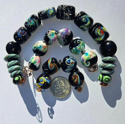 Vintage Lampwork Glass Beads Strand – Black & Aqua Swirl Design – Handcrafted - Image 1 of 4
