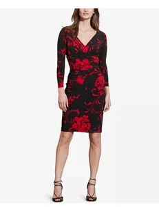 RALPH LAUREN Women's Faux Wrap Floral Sheath Dress Size 10 Red Black Stretch - Picture 1 of 14