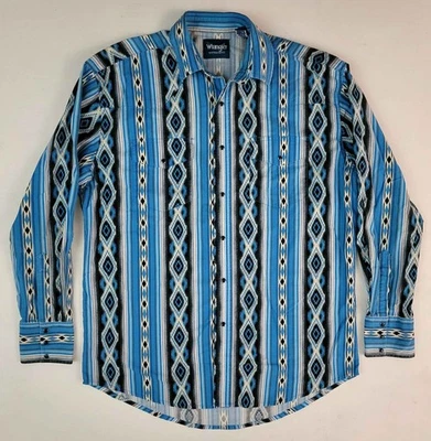 Vtg Wrangler Blue Stripe Pearl Snap Western Cowboy Southwest Rodeo Aztec Shirt L - Image 1 of 4