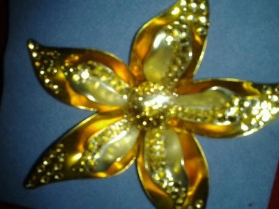 Gold & Silver Lily Flower Pin Clear & Amber Rhinestones  - Image 1 of 4