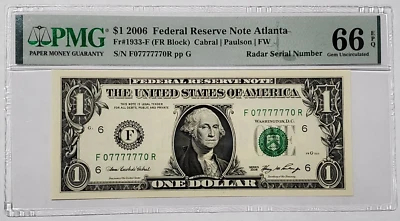 $1 Bill 2006 Fancy Serial Number PMG 66 EPQ Binary Super Radar Lucky 7s 07777770 - Image 1 of 4
