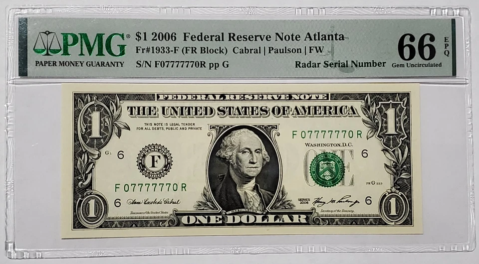 $1 Bill 2006 Fancy Serial Number PMG 66 EPQ Binary Super Radar Lucky 7s 07777770 - Image 1 of 4