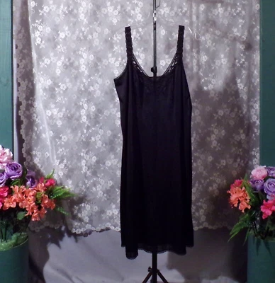 Vintage 90s Black Slip Size Large 1990s Nylon Vamp Dress Full Lingerie Nightie - Image 1 of 4