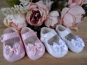 Baby Girl WHITE PINK Bow Patent Mary Janes Pram Shoes Christening 0-3-6-12 mths