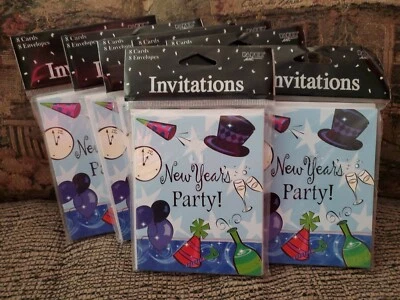 Sopladores y sombreros de copa de fiesta de cena de Nochevieja tarjetas de invitación 8 piezas Nuevo en paquete Foto 1 de 4