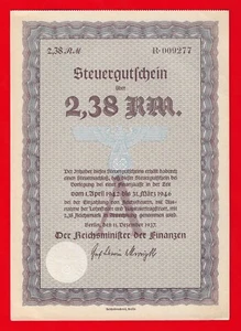 Germany 2,38 RM Steuergutschein Certificates 1941-1946 S/B Kroll 1101a2 War Fund - Picture 1 of 2