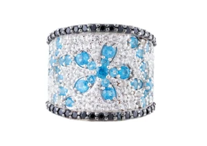 925 Sterling Silver White Topaz, Black Spinel and Apatite Flowers Design Ring - Picture 1 of 4