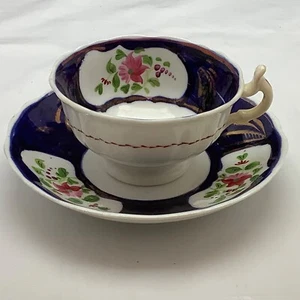 Taza y platillo galés Gaudy C.1835 diseño Columbine - Imagen 1 de 12