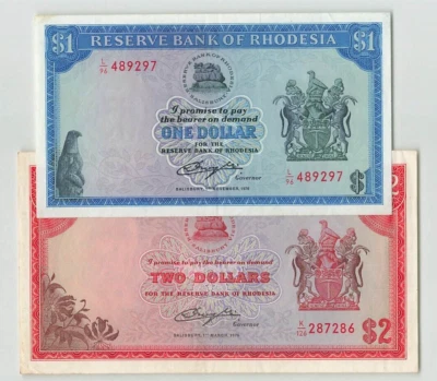 RHODESIA $1 & $2 Dollars 1976, P-34b & P-35a Original EF Pair, Scarcer Dates. K4 - Image 1 of 2