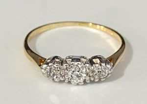 An Early 18K Yellow Gold & Diamond Three Stone Ring Size M - 6 1/4 - Picture 1 of 10