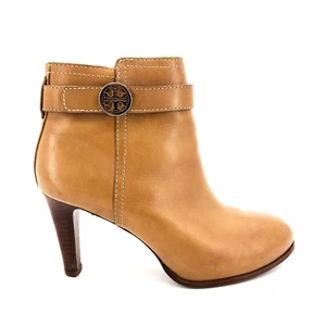 Womens 8 M Tory Burch Bristol Ankle Boots Brown Leather Heeled Booties Gold Logo - Picture 1 of 14