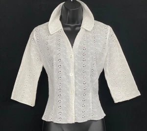 Vintage 1960s white eyelet lace blouse, collar 3/4 sleeve sheer cotton shirt top - Picture 1 of 5