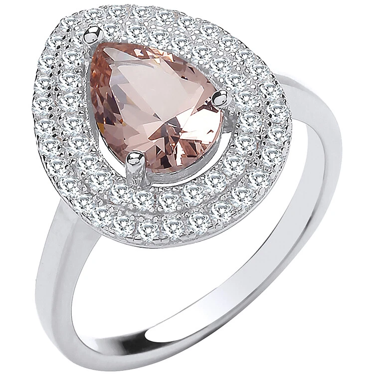 Argento Sterling Taglio a Pera Morganite & Bianco Zircone Cubico Halo Anello - Immagine 1 di 1