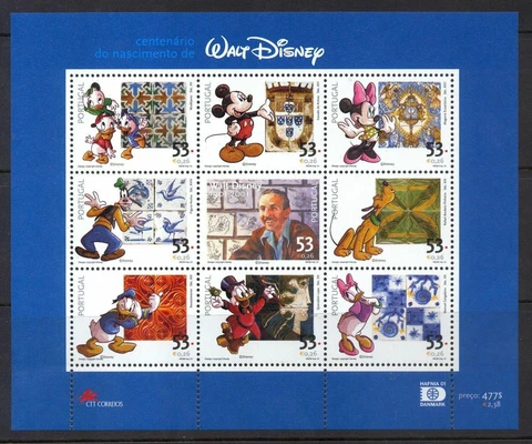 Portugal  - Disney Stamps - 100th Birthday of Walt Disney - Sheet of 9 - MNH Cover