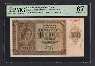 Croatia 1000 Kuna 1941 P4a Uncirculated Grade 67 Top Pop - Image 1 of 2