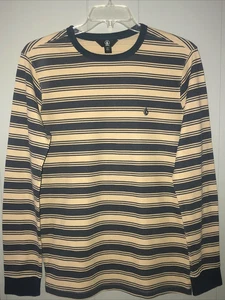 Volcom Men's Long Sleeved  Size Large Tan & Navy Striped Tee Shirt - Picture 1 of 4