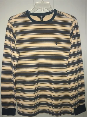 Volcom Men's Long Sleeved  Size Large Tan & Navy Striped Tee Shirt - Image 1 of 4
