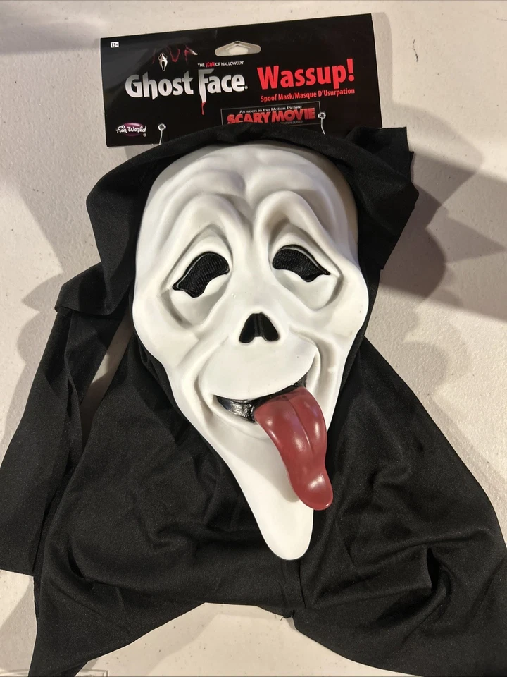 FUN WORLD SCARY MOVIE WASSUP! GHOST FACE STONED TONGUE COSTUME MASK . Scream Movie