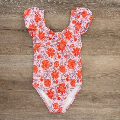 Janie & Jack Girl Size 6 Cap Sleeve 1 Piece Swimsuit Coral Purple Flower Floral - Image 1 of 4