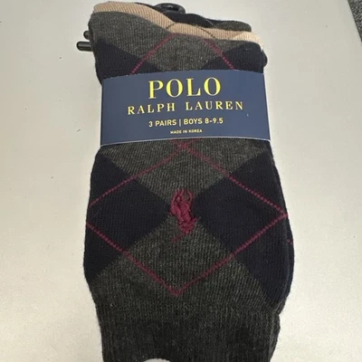 Polo Ralph Lauren Niños 3 Pares Poni Logo Crew Calcetines Talla 8-9.5 Zapato 13-3 Argyle Foto 1 de 4