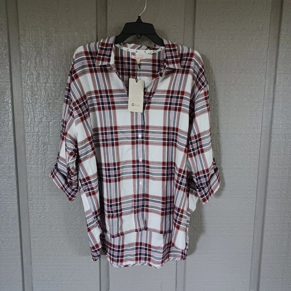 Barbour Women Bethwin Shirt Top Size 12 In Cloud Check Preppy Cotton Button