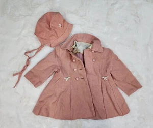 1950s Baby Coat & MATCHING SET Bonnet HAT Pink And Cream Overcoat Vintage sz 2-3 - Picture 1 of 21