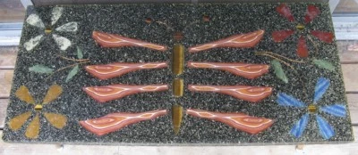 Mid Century Sparkle Resin Stone Inlay Dragonfly & Flowers Coffee Table Folk Art - Image 1 of 4