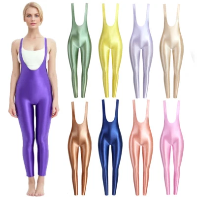Damen Glossy Einteilig Overalls Leotards Sports Yoga Suspenders Bodysuits Tights - Bild 1 von 4