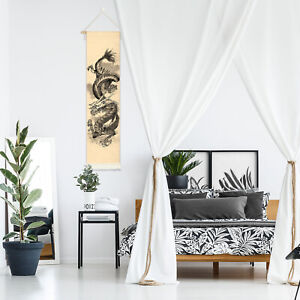 Traditionell Asiatisches Drachen Rollbild, Wandbild Chinesische Malerei 135x33cm
