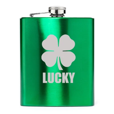 Frasco de cadera de licor de acero inoxidable de 7 oz trébol de 4 hojas de la suerte Foto 1 de 4