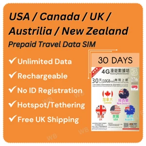 USA, CA, UK AUS, NZ 4G Preloaded (10GB, 30 days) Rechargeable Unlimited Data SIM - Picture 1 of 3