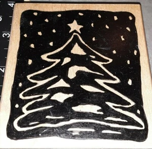 Schwarze verschneite Nachtbaumszene, Träume werden wahr Stempel, 915, Gummi, Holz, montiert - Bild 1 von 3