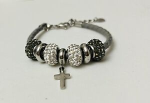 Gray Leather Bracelet Crystal Beads Stainless Steel Cross Polished Spacers 7.5-8