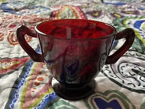 Vintage Royal Dark Ruby Red Depression Glass 3” h x 5” w Sugar Bowl Two Handles - Picture 1 of 12
