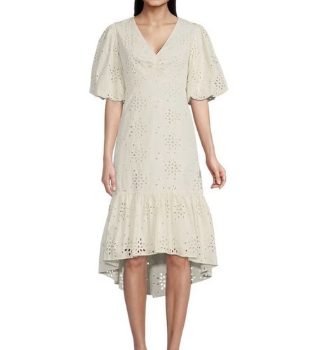 PALM ANGELS Abito midi GIBSON & LATIMER corto manica a sbuffo orlo alto basso arricciato occhielli nuovo con etichette