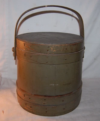 Vintage  10” Firkin Sugar Bucket Wooden  Green  Paint - Image 1 of 4