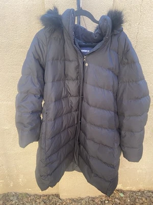 Lands' End черный с капюшоном вниз пуховик пальто - размер 2 X миниатюрный - отделка из искусственного меха - Изображение 1 из 4