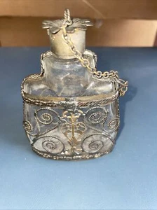Antique Silver Plate Metal Filigree Over Glass Snuff Bottle Vintage Decorative - Picture 1 of 11