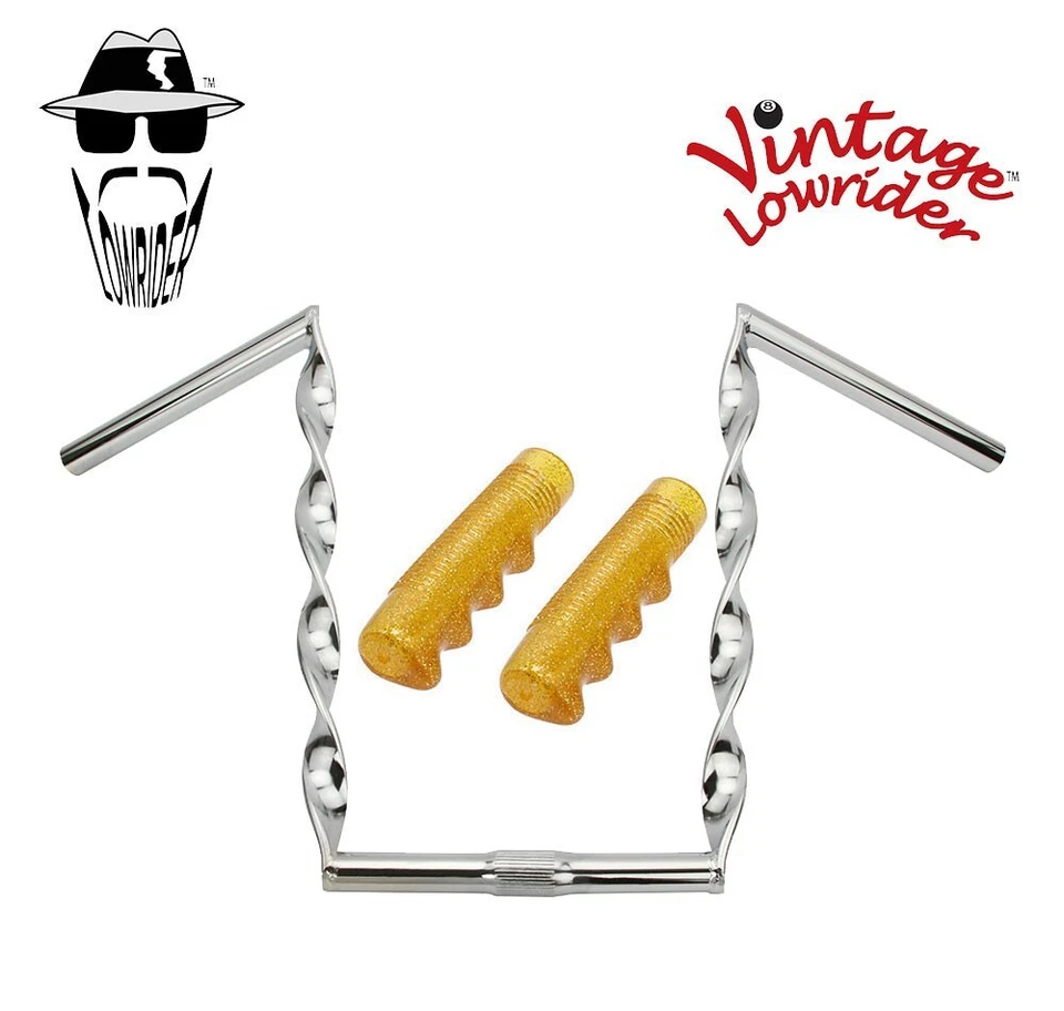 Guidão vintage Lowrider 12" plano torcido cromado 25,4 mm e 120 mm alças SPARKLE. - Imagem 1 de 1