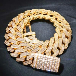 20mm Double Row Cuban Chain – Baguette Prong Design, 18K Gold Plated, Diamond - Picture 1 of 10