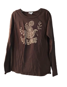 Lucky Brand Women's Y2K Peace & Love Long Sleeve Shirt Size L Dark brown beige - Picture 1 of 5